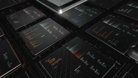 Flying through endless digital screens with numbers and graphs, seamless loop Stock Footage 148587177