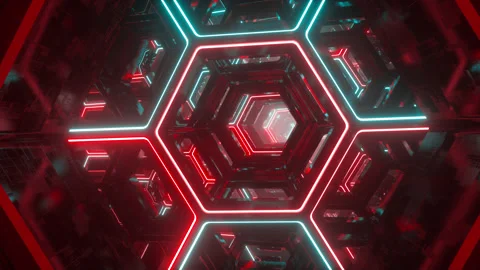 Flying through endless futuristic sci fi tunnel. Neon hexagons, fast travel Stock Footage 141158437