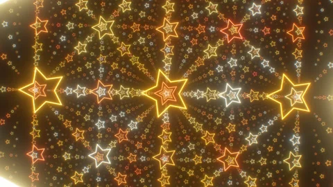 Flying Through Endless Grid Of Abstract Neon Glowing Golden Stars Stock-Footage 343327801