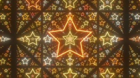Flying Through Endless Grid Of Abstract Neon Glowing Golden Stars イラスト素材