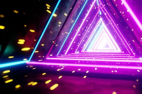 Flying through endless luminous tunnel. Construction with neon glowing hexago Иллюстрация