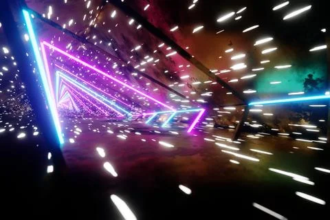 Flying through endless luminous tunnel. Construction with neon glowing hexago Stock-Illustration