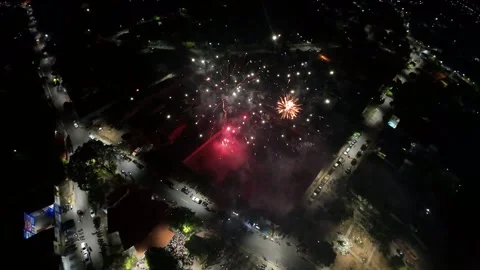 Flying Through Exploding Fireworks Over a Festival – Vibrant Celebration Stock Footage 299608675