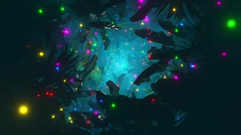Flying through foliage in a dark jungle with lots of colorful fireflies. Infinit Stock-Footage 253426554