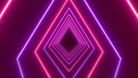 Flying through in futuristic endless tunnel with shiny triangle neon lights. Видео 205490853