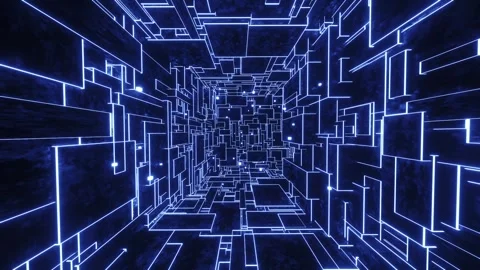 Flying through a glowing blue maze. Infinitely looped animation Stock Footage 258440429