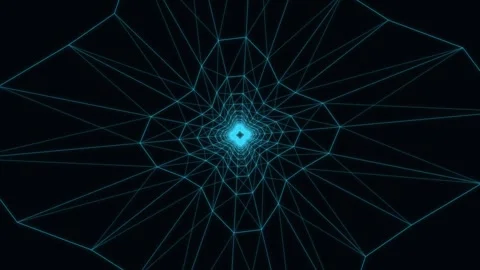 Flying through a glowing blue wireframe tunnel in cyberspace Stock Footage 336342201