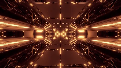 Flying through glowing golden triangles creating a tunnel with grunge reflection Stock Footage