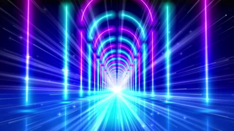 Flying through glowing neon arches, tunnel, round shaped led arcade. Abstract Video stock 274641762