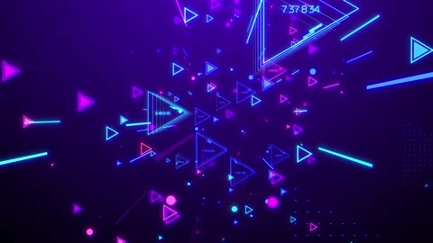 Flying through glowing neon different triangular elements Video stock 134820590