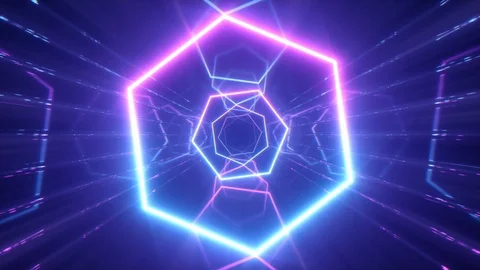 Flying through glowing neon lines creating a tunnel, blue red pink violet Stock Footage 106775830