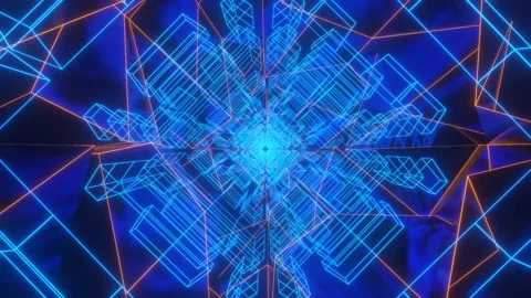 Flying through glowing neon lines creating wireframed cube tunnel. Видео 167884260