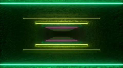 Flying through glowing neon lines creating a brick tunnel, blue red pink viol Illustrazione stock