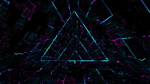 Flying through glowing neon triangle tunnel made of digital patterns Stock Footage 271235358