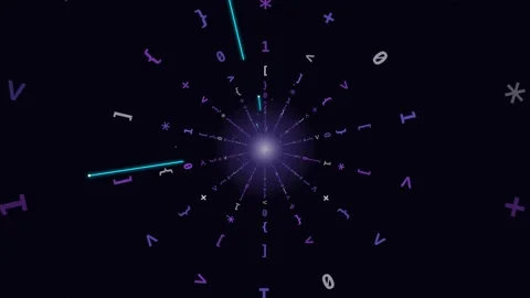 Flying through a glowing neon tunnel with glyph code Stock Footage 339324343