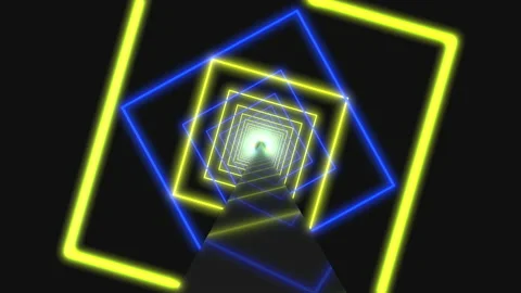 Flying through glowing rotating neon squares creating a tunnel, blue yellow ligh Video stock 149932343
