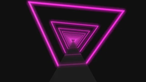 Flying through glowing rotating neon triangles creating a tunnel, red pink purpl Stock Footage 149934623