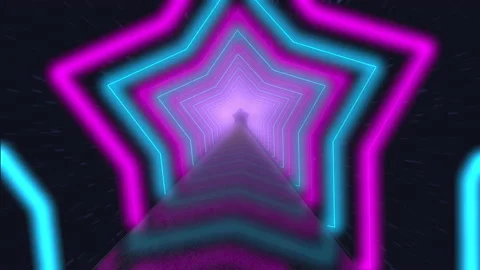 Flying through glowing rotating neon stars creating a tunnel, blue red pink purp Stock Footage 149987857