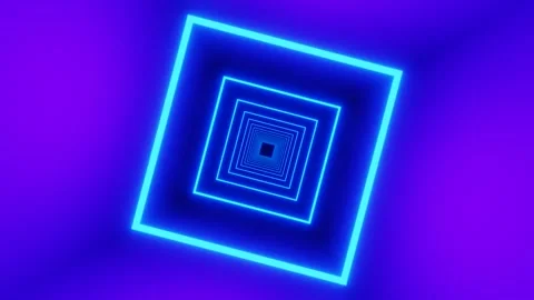Flying through glowing rotating neon squares tunnel, blue purple spectrum Stock Footage 300655809