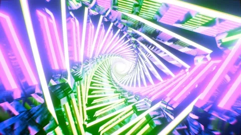 Flying through glowing twisted triangle tunnel, seamless animation. 3D render Stock Footage 304821095