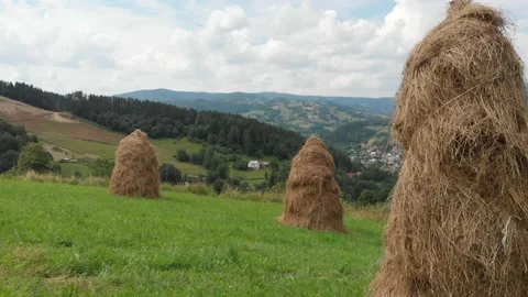 Flying through haystacks in mountain fields Stock Footage 139732785