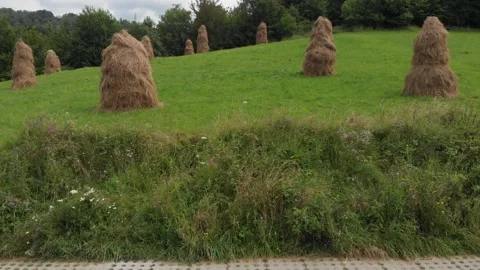 Flying through haystacks in mountain fields Stock Footage 139732905