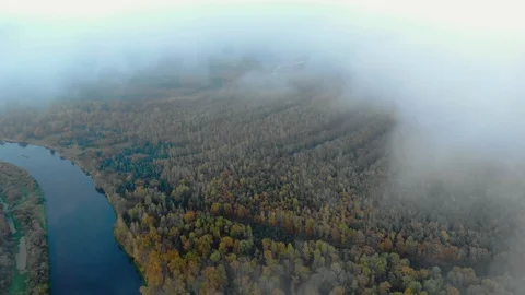 Flying through a haze of clouds to a stunning autumn landscape with a winding Vídeos de archivo 125234127