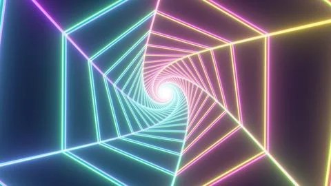 Flying Through Hexagonal Spider Web Like Endless Glowing Twist Tunnel Stock Photos