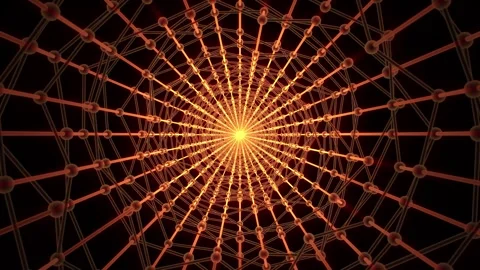 Flying through a hot tunnel made of bright spheres and plexus of glowing lines Stock Footage 265226897