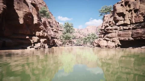 Flying through the iron ore rock formation Australian National Park valley Stock Footage 183337641