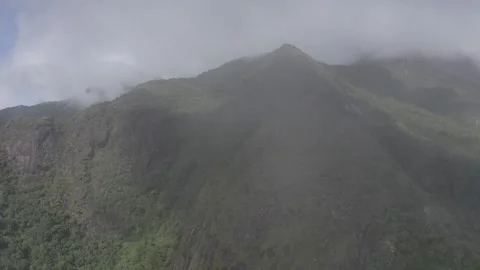 Flying through mist towards mountain peaks with rainforest vegetation, aerial Stock Footage 251037060