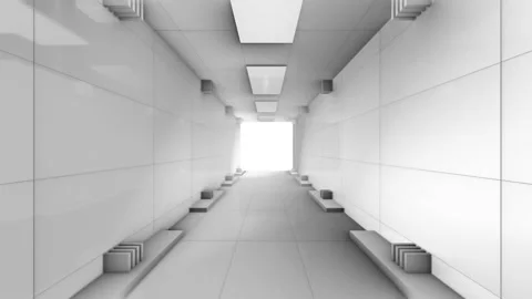 Flying Through the modern 3d white futuristic construction rectangle tunnel, 4k Stock Footage 131636514