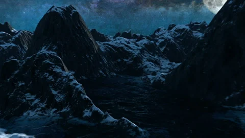 Flying through the mountains at night with Moon in the background Stock Footage 235638035