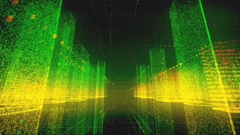 Flying through neon digital model of modern city made of numbers and grids in Stock Footage 114761830
