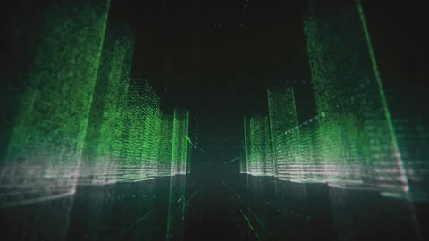 Flying through neon digital model of abstract modern city made of symbols and Stock Footage 132265908