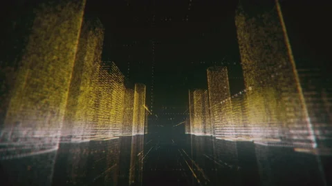 Flying through neon digital model of abstract modern city made of symbols and Stock Footage 138113417