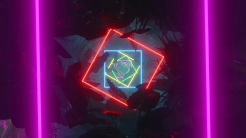 Flying through neon frames in a dark jungle. Infinitely looped animation Stock Footage 253426502