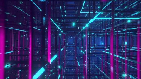 Flying through the Neon sci-fi tunnel cage and metal construction VJ background Stock Illustration