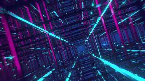Flying through the Neon sci-fi tunnel cage and metal construction VJ background Stock Illustration