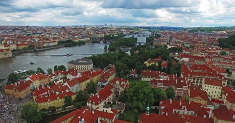 Flying through the old town of Prague, the Czech Republic. River, gardens. Stock Footage 61080985