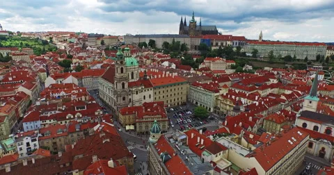 Flying through the old town of Prague, the Czech Republic towards the Cathedral Stock Footage 61085481