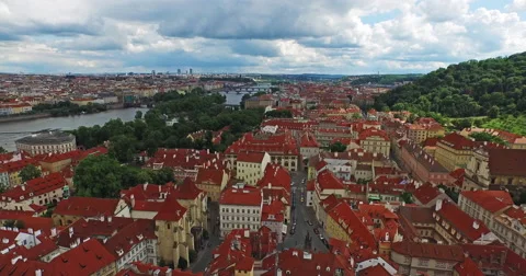 Flying through the old town of Prague, the Czech Republic. River, gardens. Stock Footage 61085647