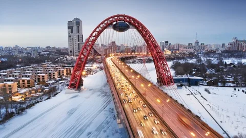 Flying through the Picturesque Bridge over the Moskva river. Aerial time-lapse Stock Footage 87977402