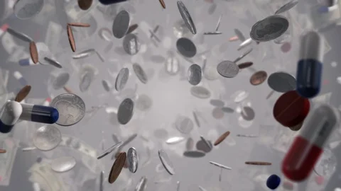 Flying through Red and Blue Pills change to Money Stock Footage 117488932