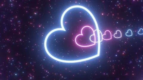 Flying Through Rings Of Neon Glowing Pink And Blue Hearts In Space Stock Footage 246894074