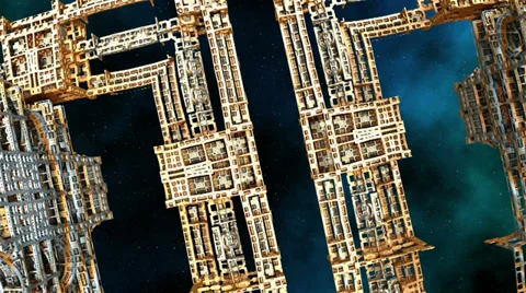 Flying through a rotating space station against the stars and nebula Stock Footage 32813499