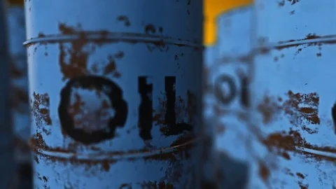 Flying through Rows of Barrels with Oil Stock Footage 72730818