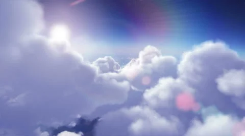 Flying through the sky with fluffy clouds, shiny sun and lens flares. Loopable. Stock Footage