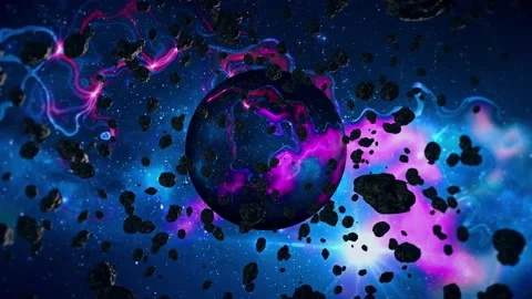 Flying through space through asteroids with a black hole. while the Galaxy and 스톡 동영상 143924196