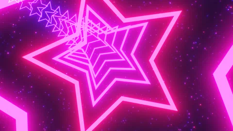 Flying Through Spiraling Rotating Tunnel Of Neon Glowing Star Shapes Stock Footage 309379410